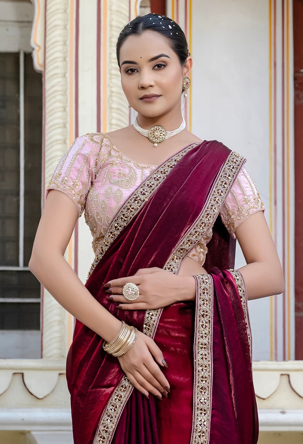 heavy work blouse with plain saree