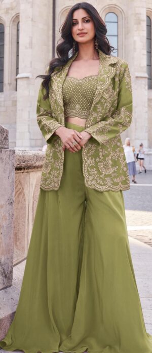 Indo Western Party Wear For Ladies Mehendi Colour