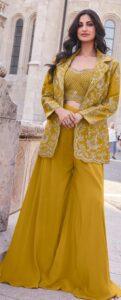 Indo Western Party Wear For Ladies Yellow Outfit Haldi Dress