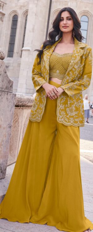 Indo Western Party Wear For Ladies Yellow Outfit Haldi Dress