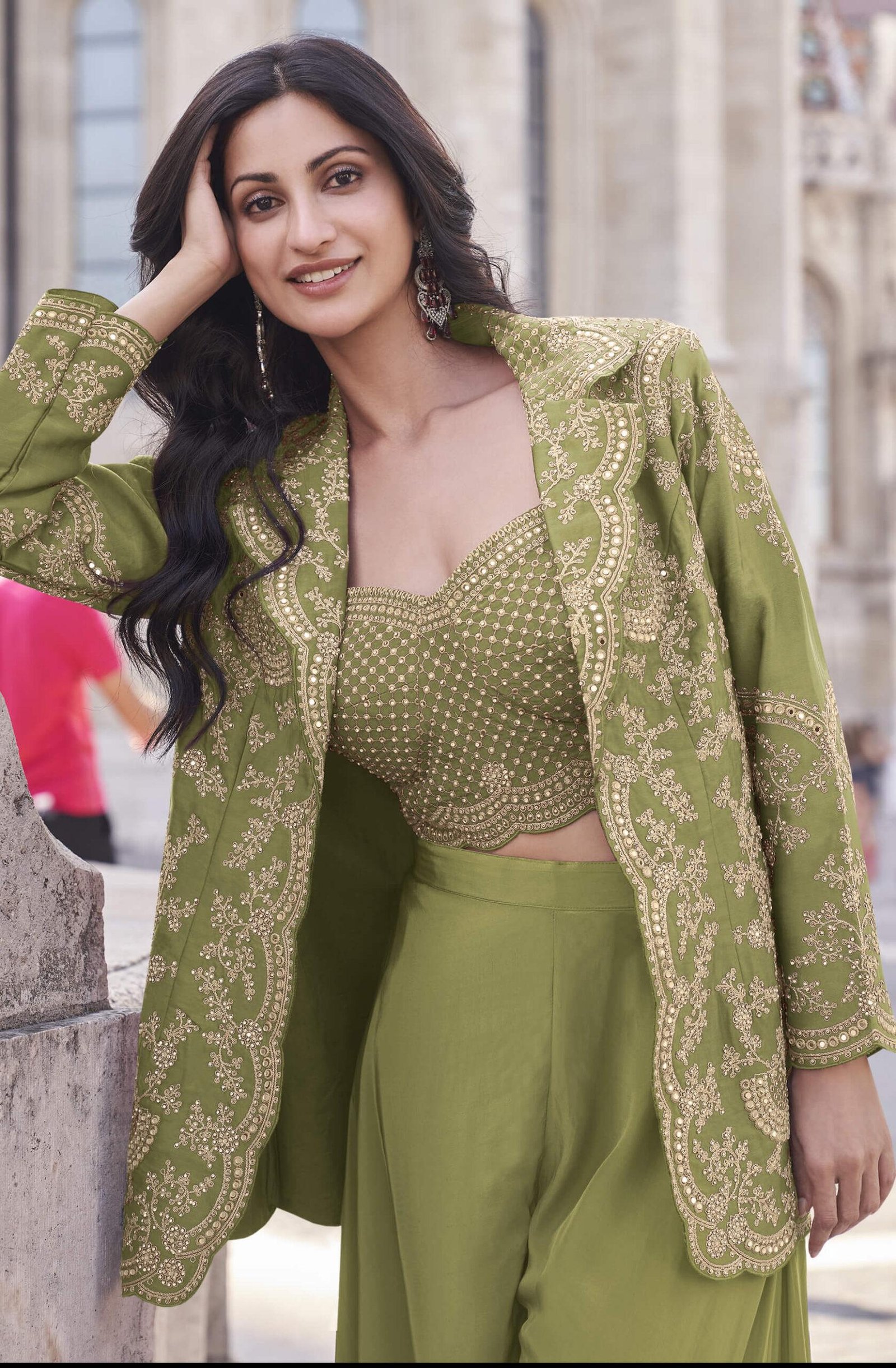 Mehendi Colour Crop Top with Plazzo Indo Western Fusion Dresses