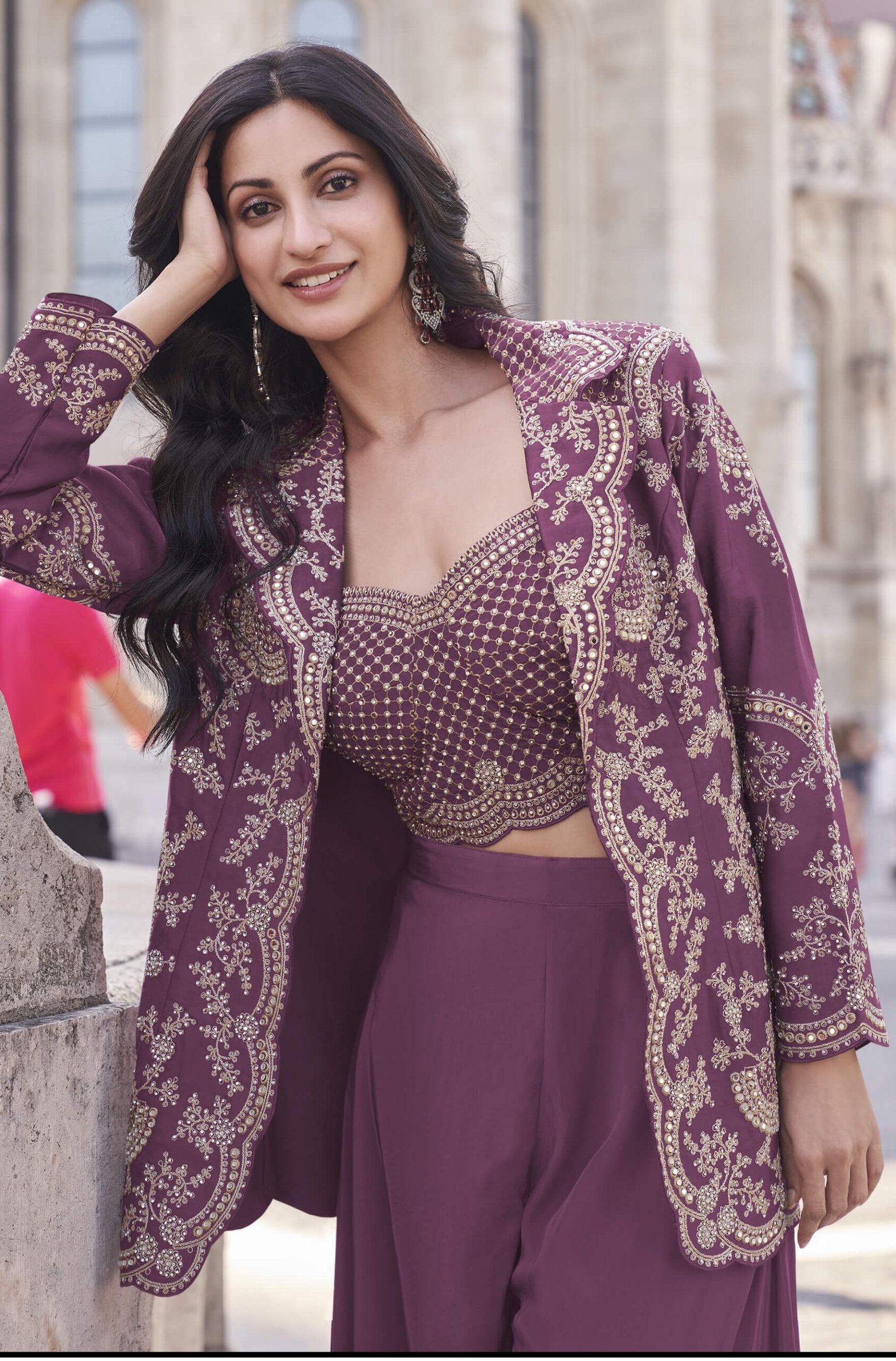 Wine Colour Crop Top with Plazzo Indo Western Fusion Dresses