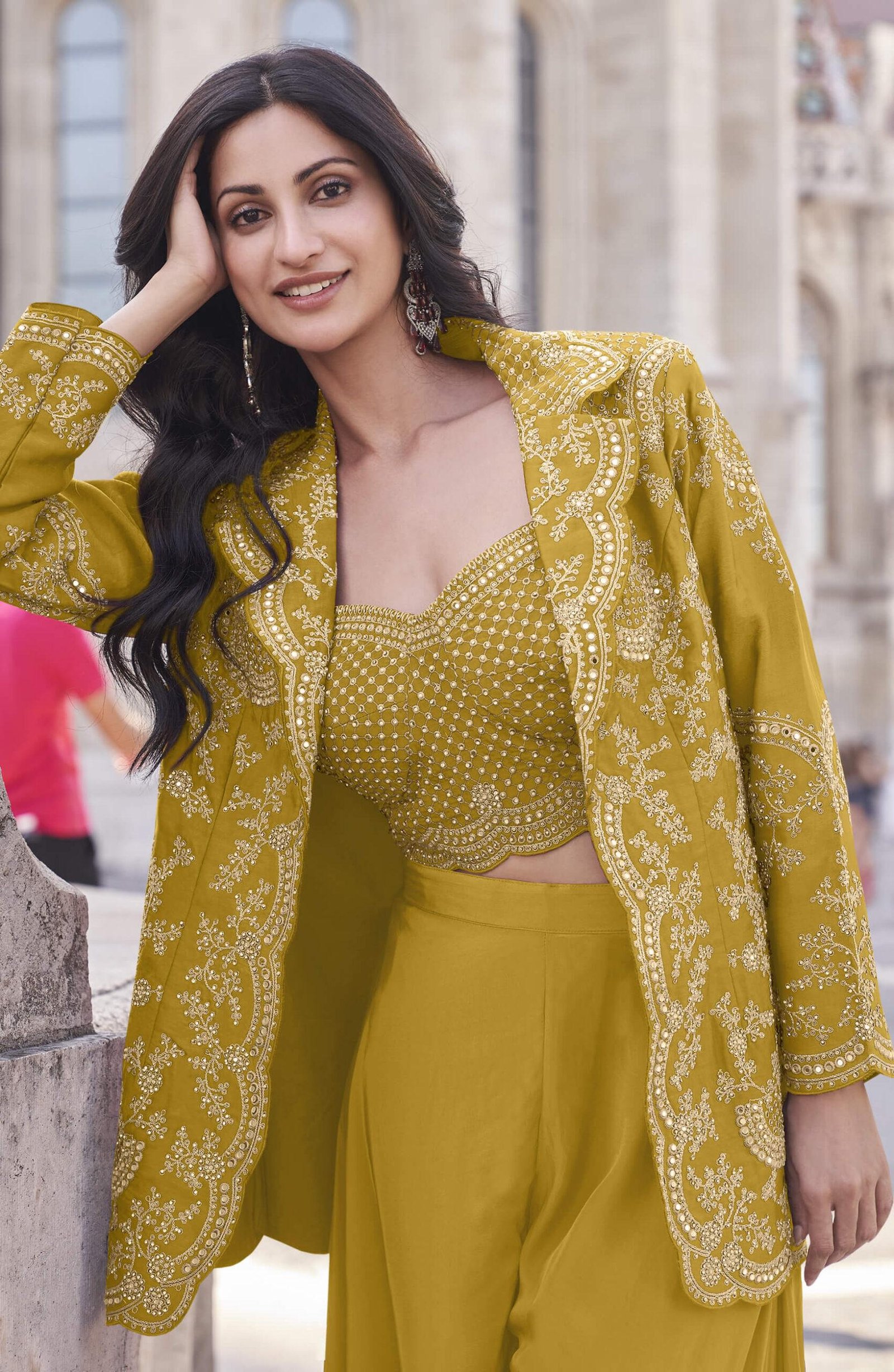 Yellow Colour Crop Top with Plazzo Indo Western Fusion Dresses