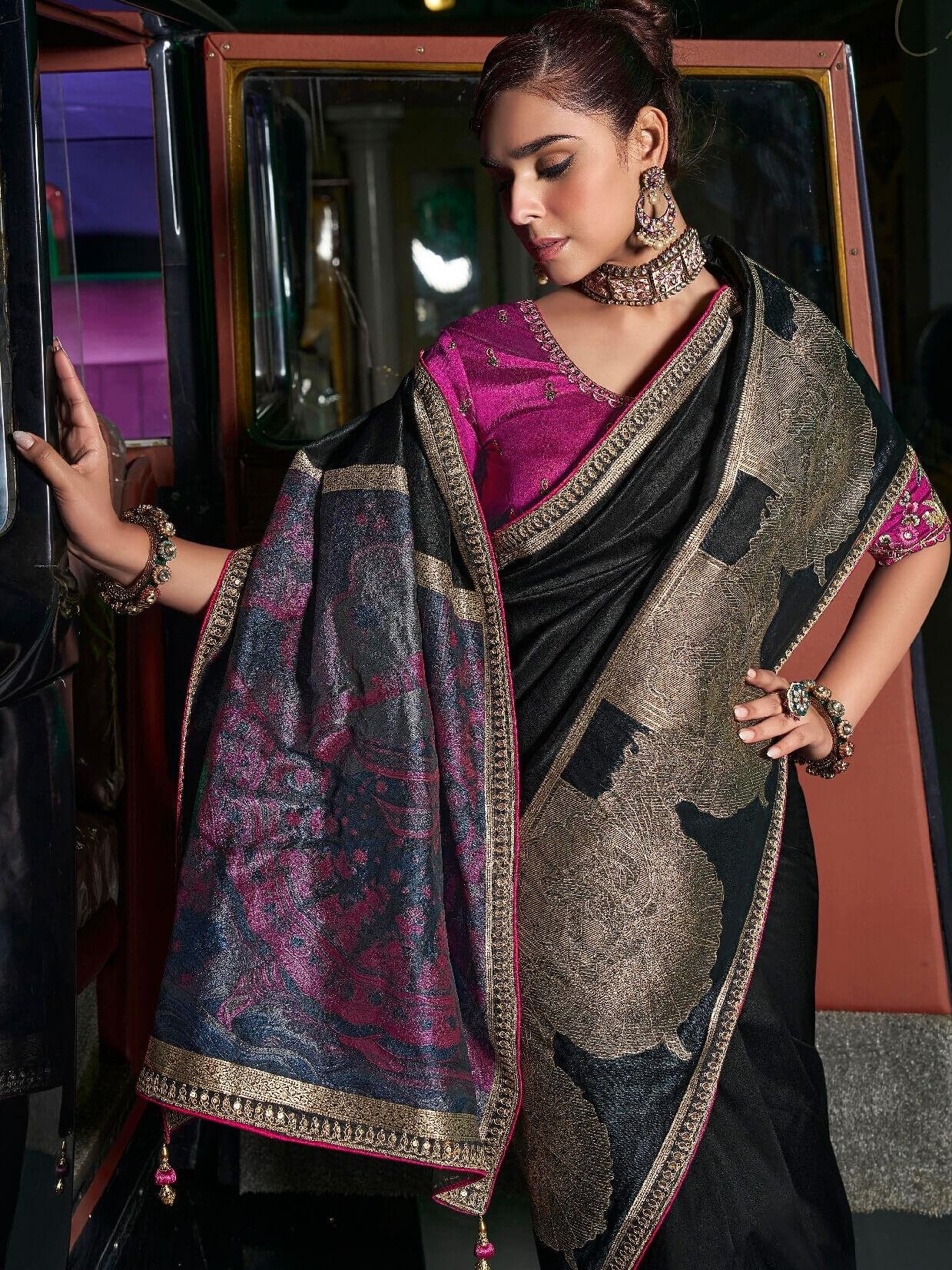black saree with silver border