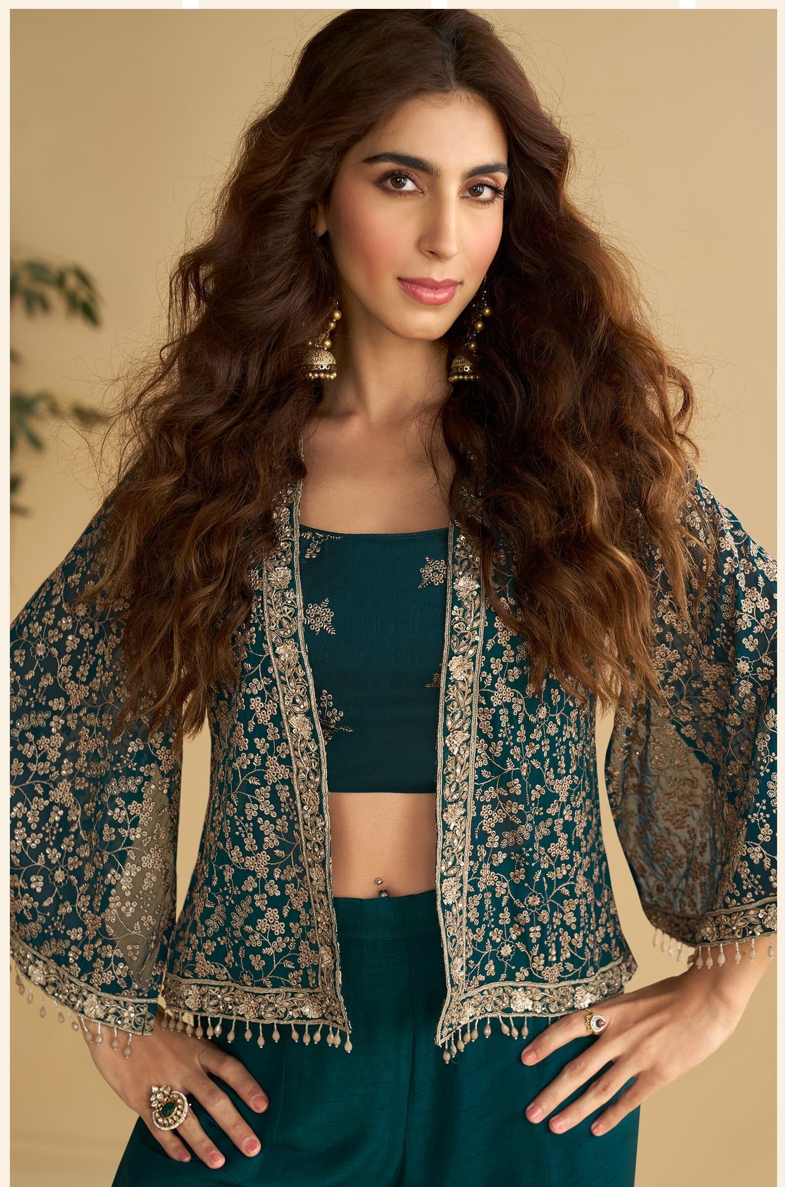 Crop top with sharara and shrug party wear images women fashion