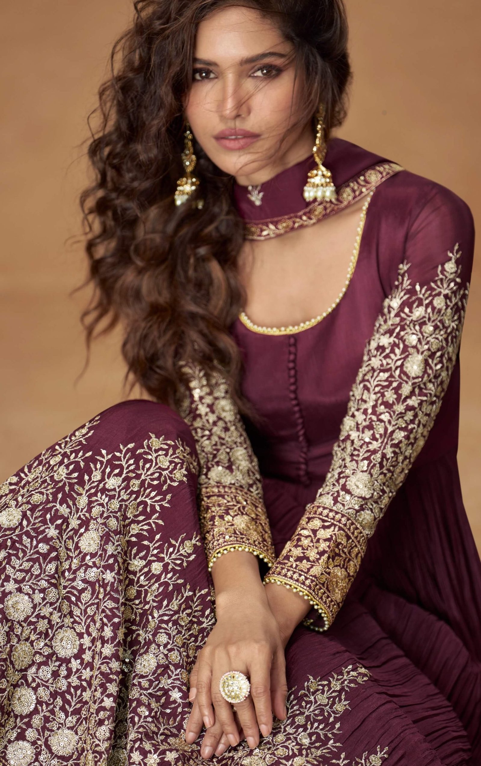 Indo Western Maroon Golden Work Gown for Wedding Online SHAHiFits
