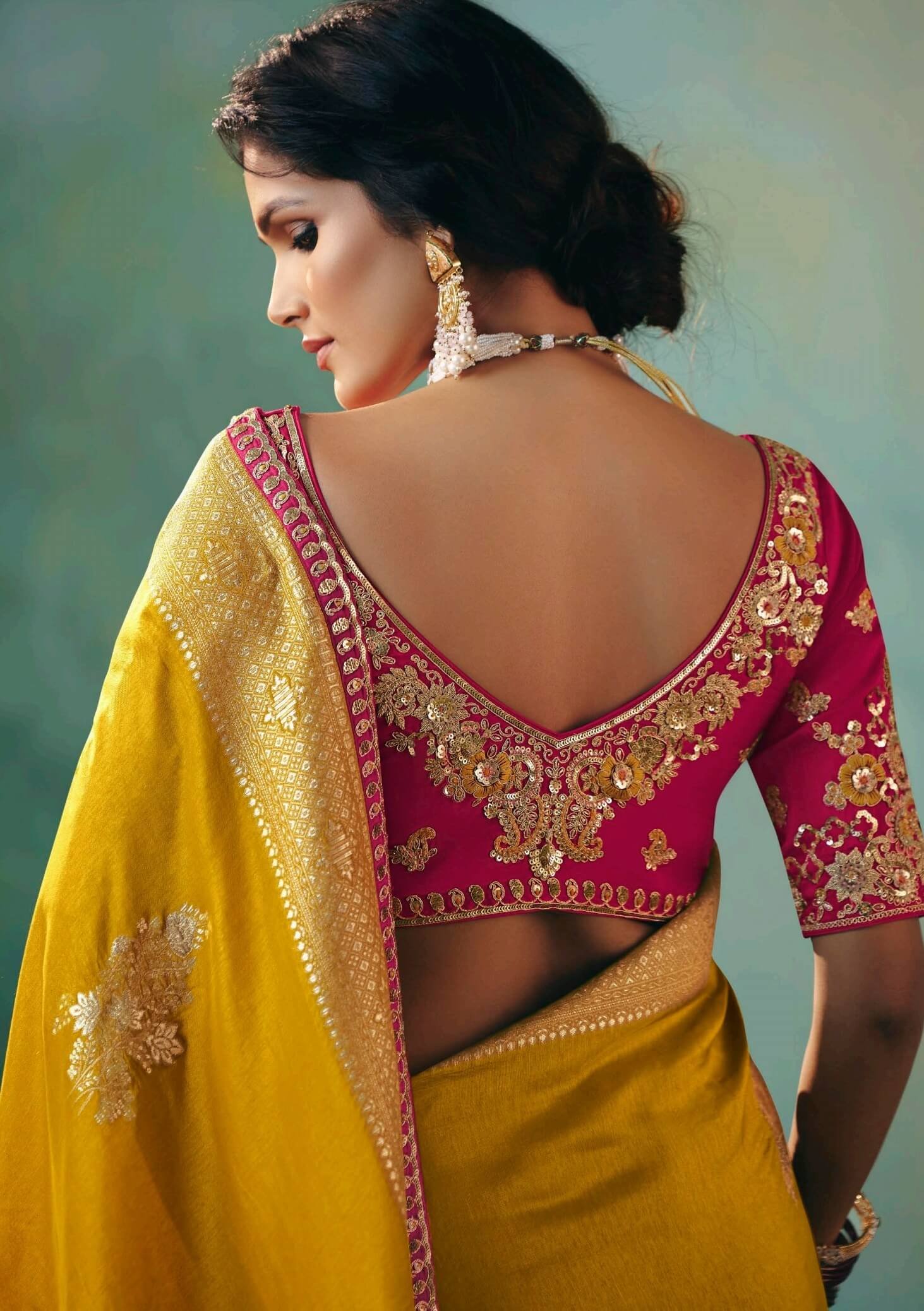 Bridal Dulhan Saree Yellow Saree with Red Blouse Contrast Saree Blouse