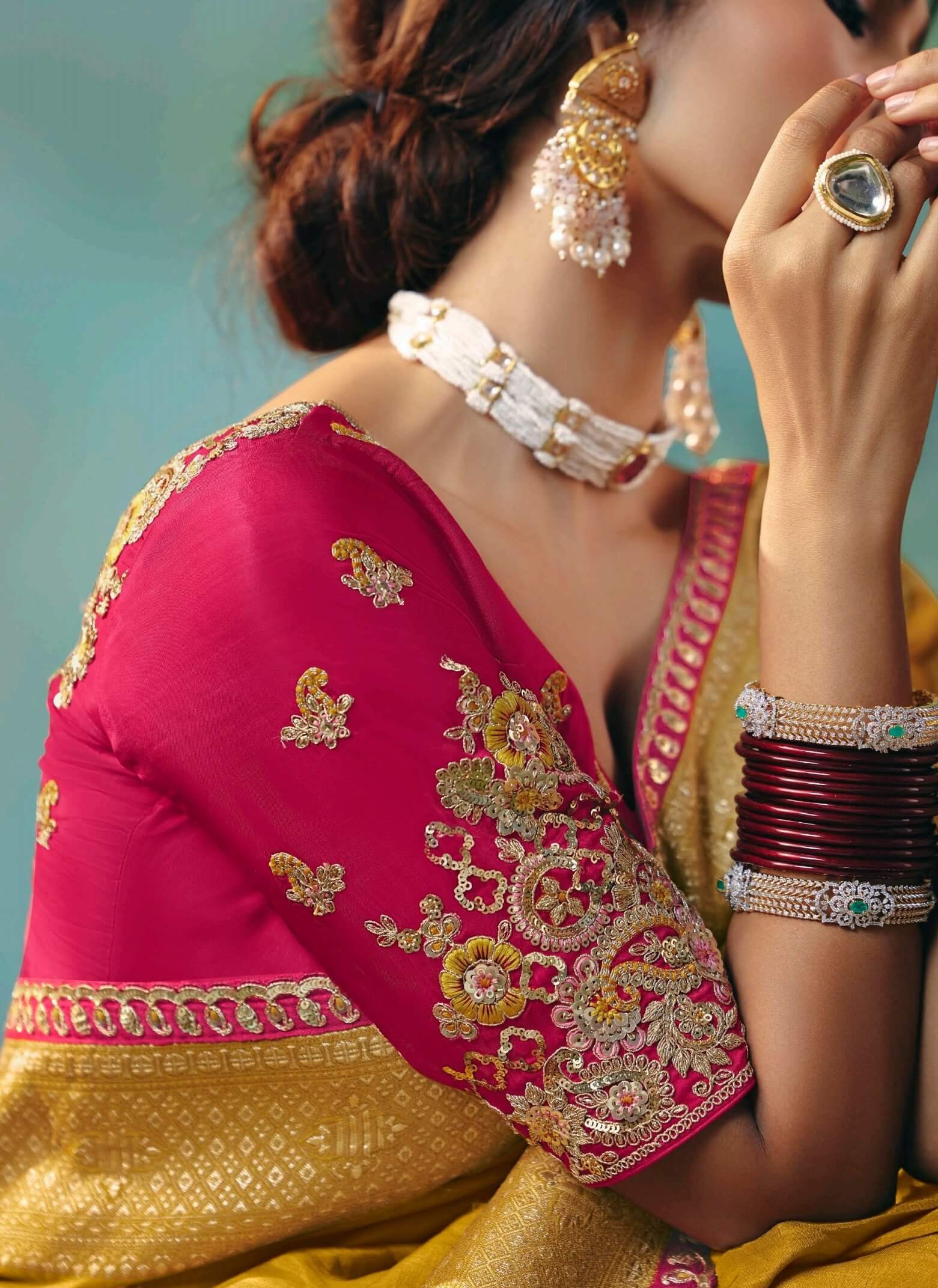 Bridal Dulhan Saree Yellow Saree with Red Blouse Contrast Saree Blouse