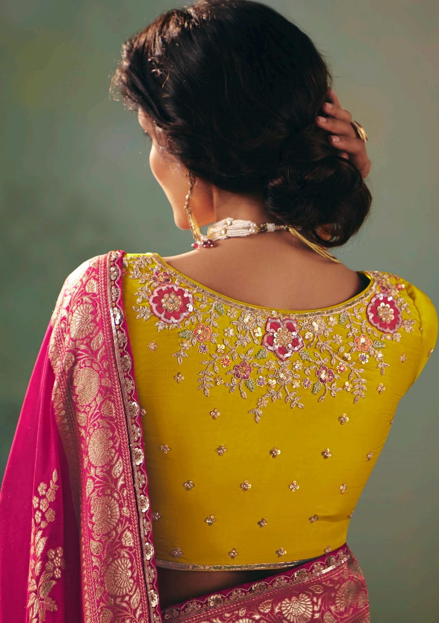 Pure Banarasi Silk Saree for Wedding Pink and Yellow Sarees