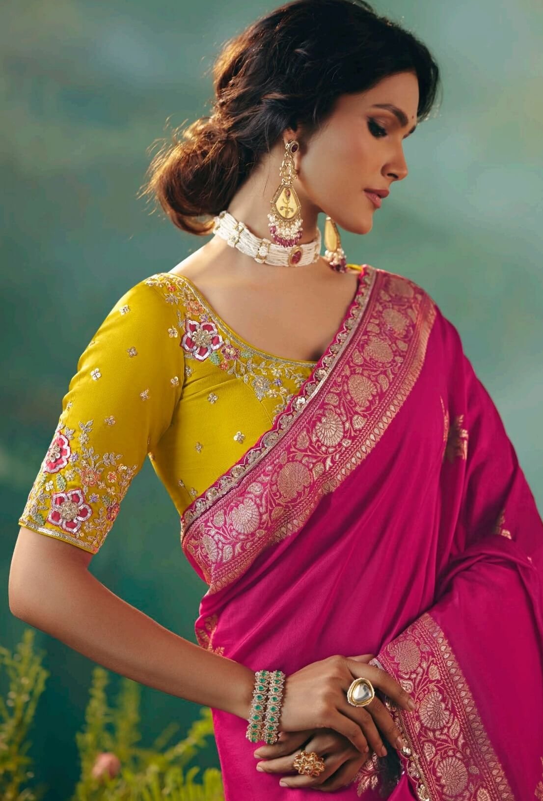 Saree for Wedding Receptio Dark Pink Saree with Yellow Blouse
