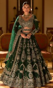 Crop Top Lehenga with Dupatta Bottle Green Lehenga