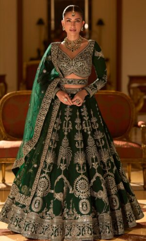 Crop Top Lehenga with Dupatta Bottle Green Lehenga