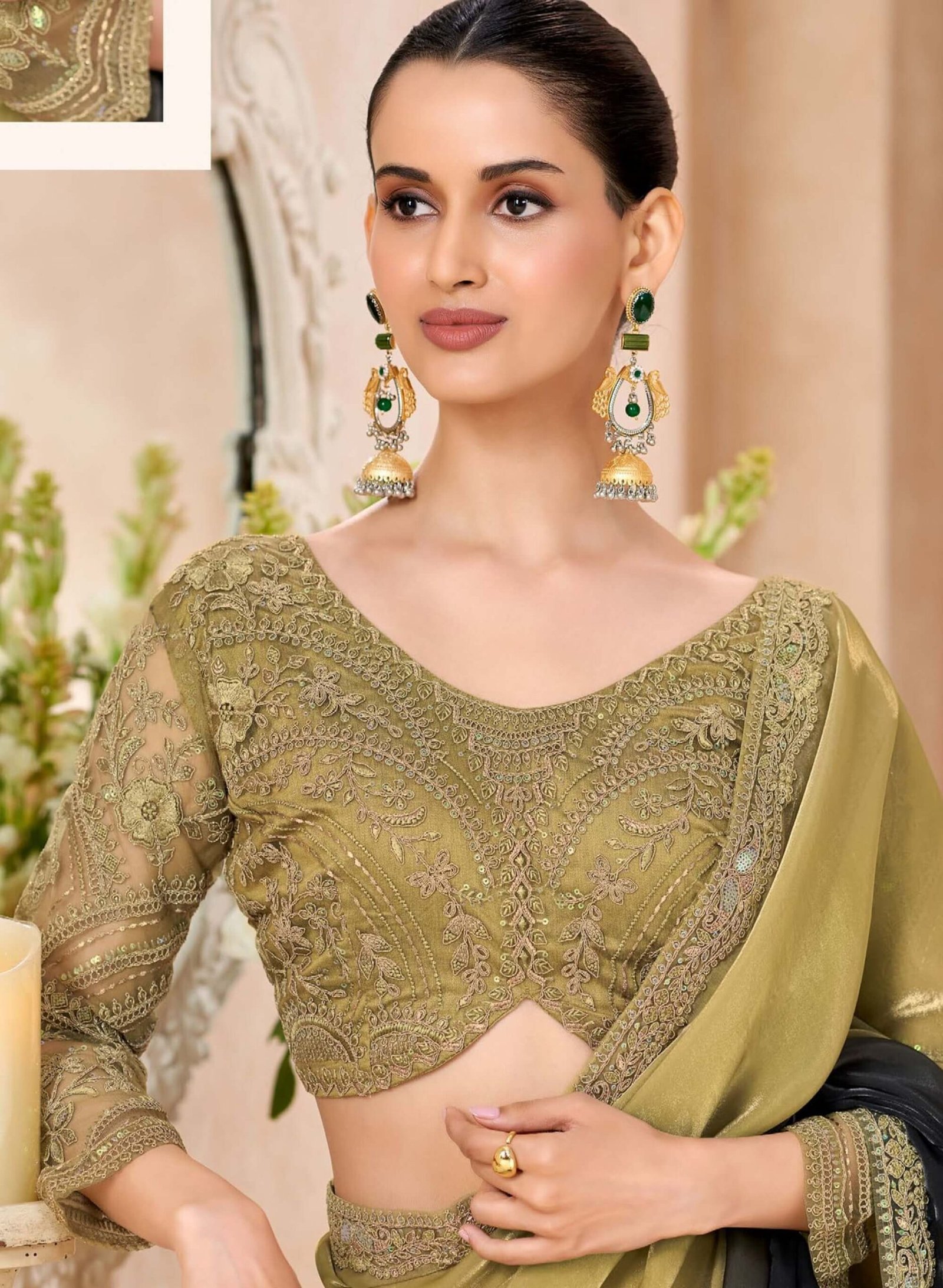 Double Colour Saree for Wedding Olive Green Saree in Dubai