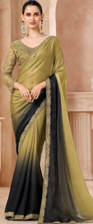 Double Colour Saree for Wedding Olive Green Saree