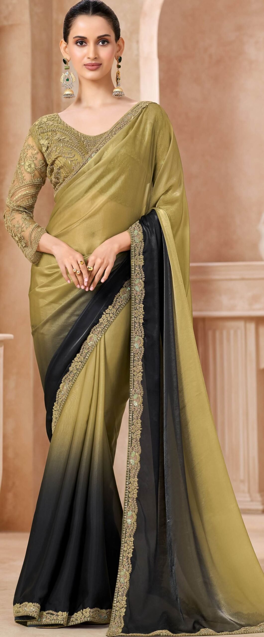 Double Colour Saree for Wedding Olive Green Saree