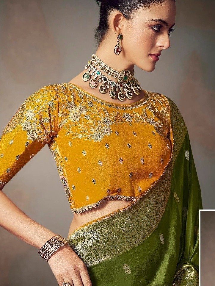 Olive Green Silk Saree with Contrast Blouse