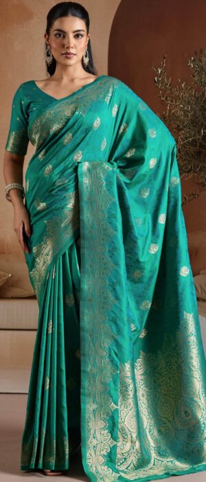 Handloom Weaving Silk Teal Green Saree for Wedding