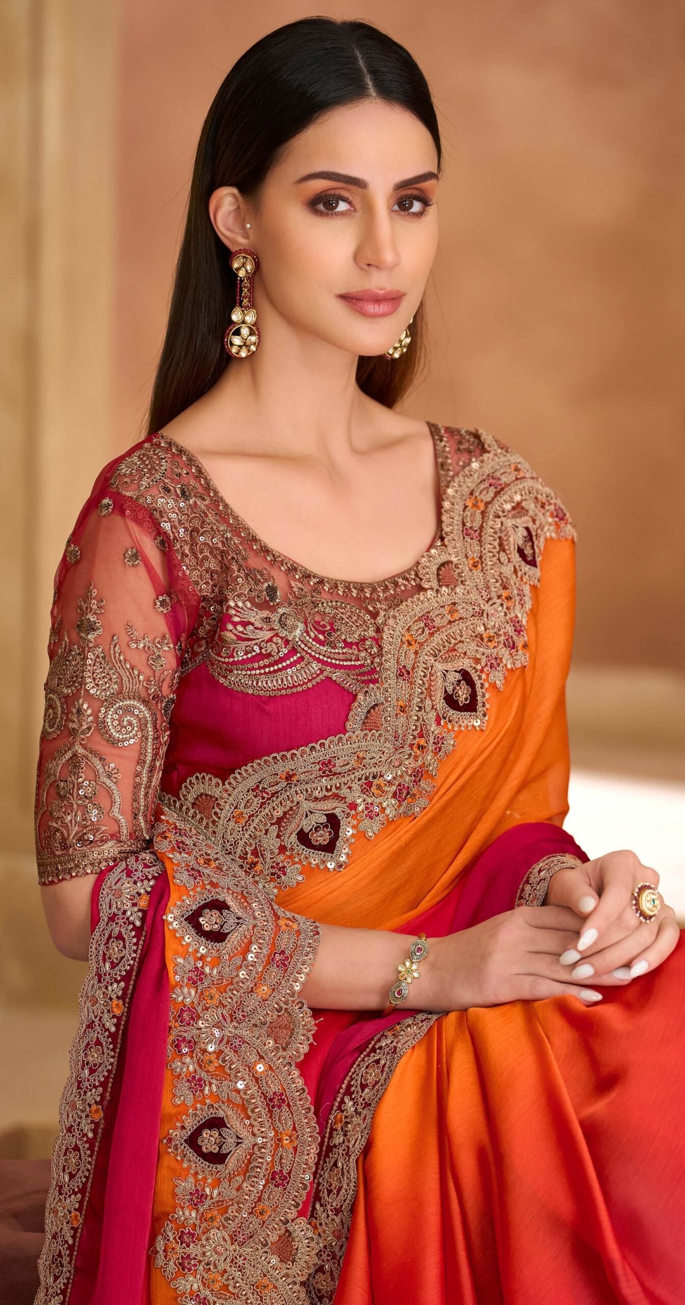 Heavy Designer Party Wear Saree Redorange Saree Designer Blouse
