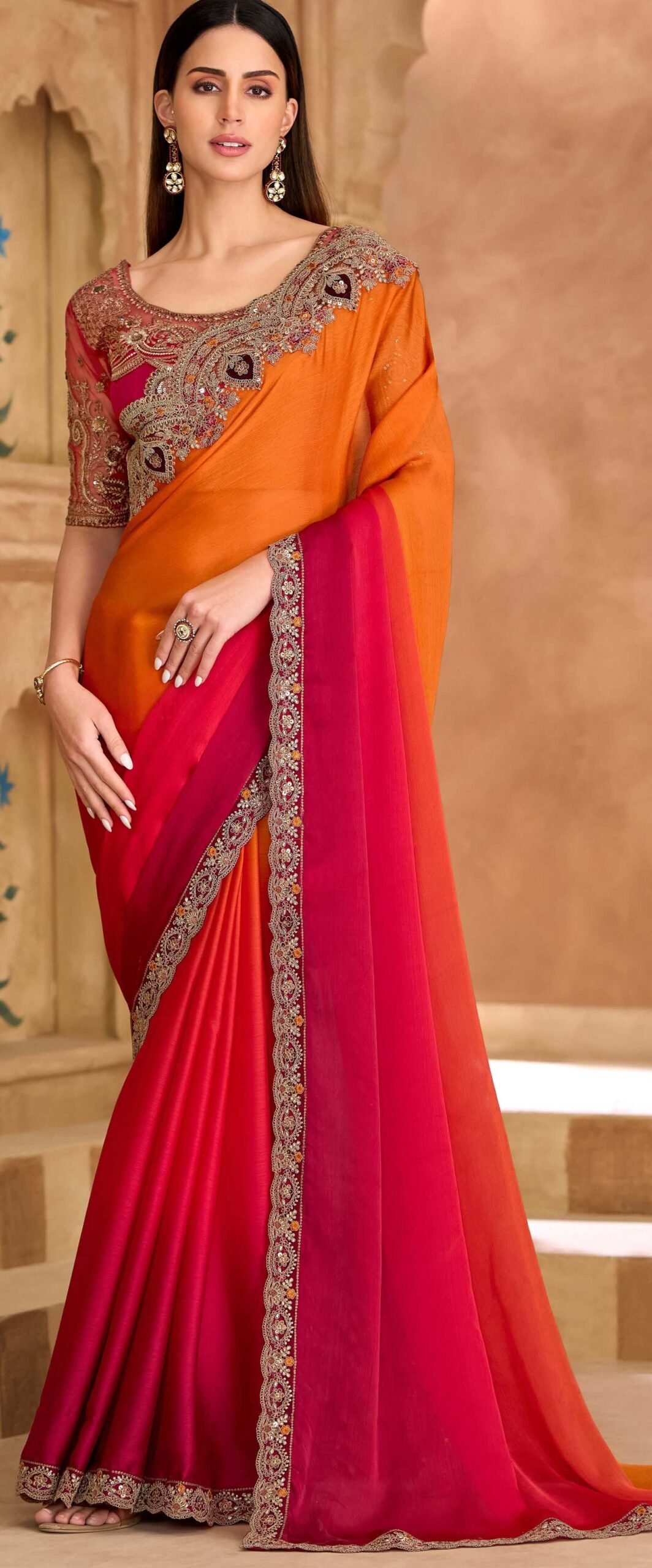 Heavy Designer Party Wear Saree Redorange Saree