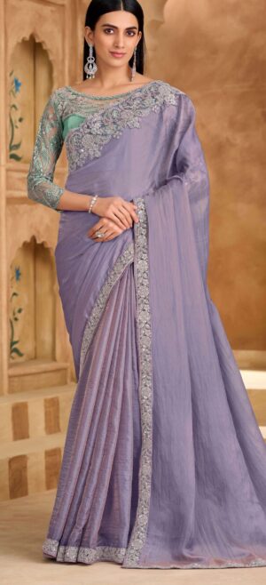 Lavender Colour Heavy Designer Party Wear Sarees with Price