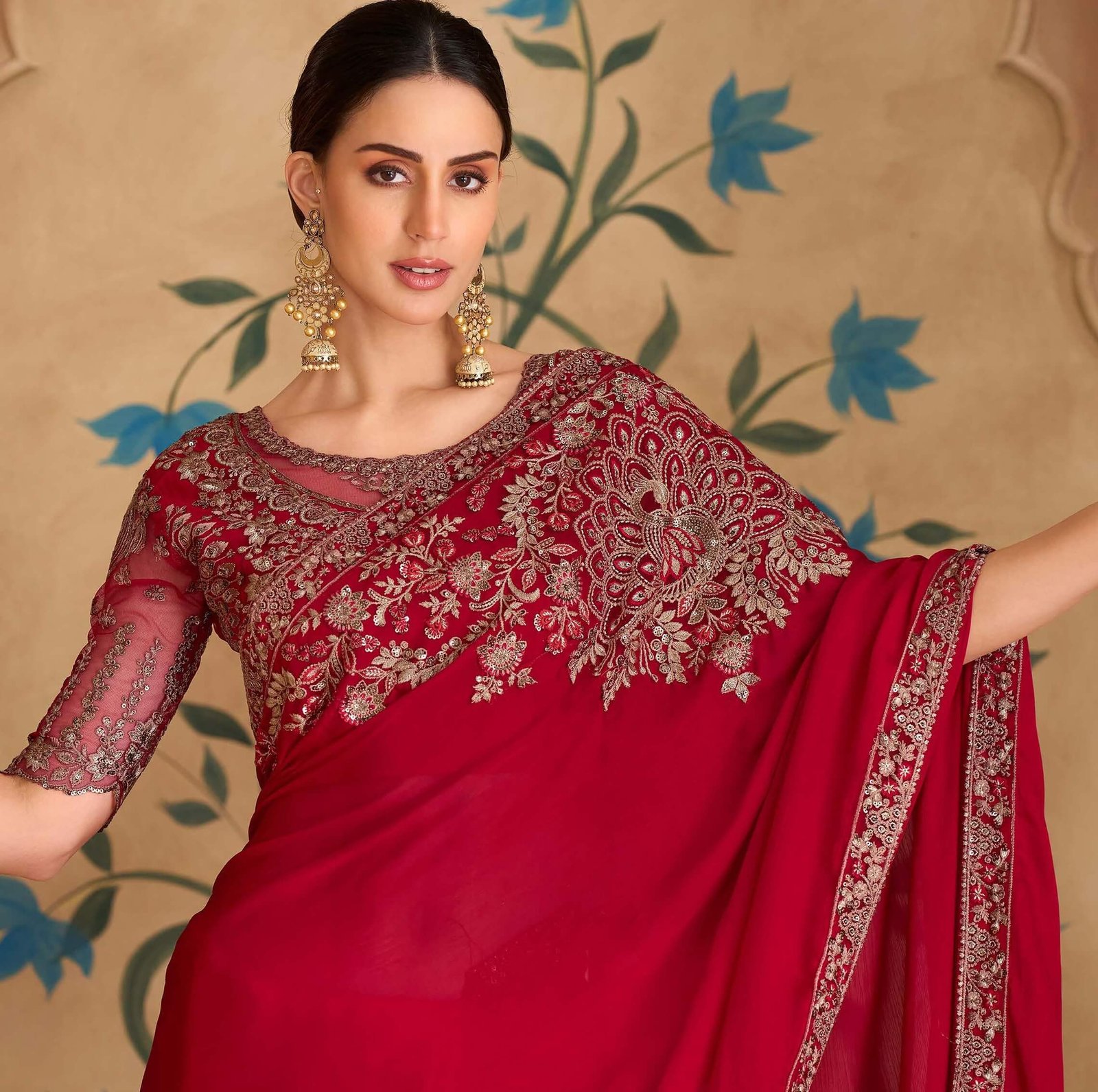 Maroon Party Wear Chiffon Saree with Designer Blouse in India