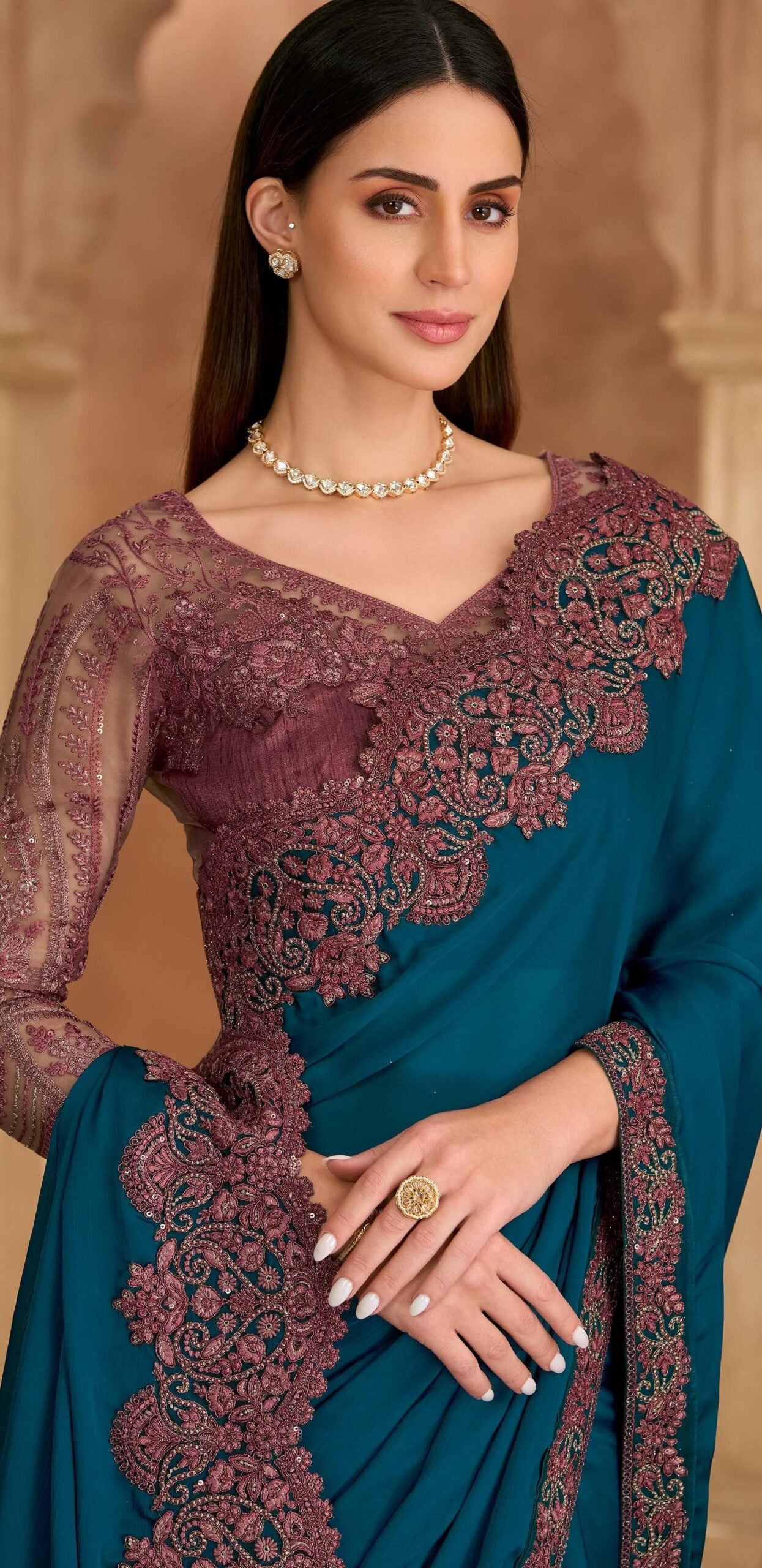 Navy Blue Designer Chiffon Sarees for Wedding Guest