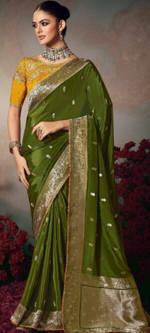 Olive Green Silk Saree with Contrast Blouse