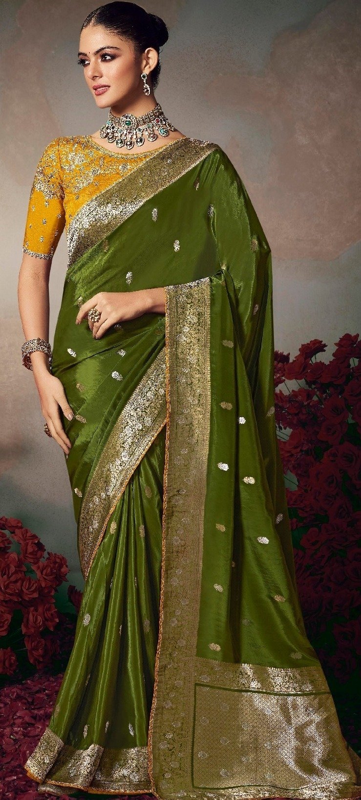 Olive Green Silk Saree with Contrast Blouse
