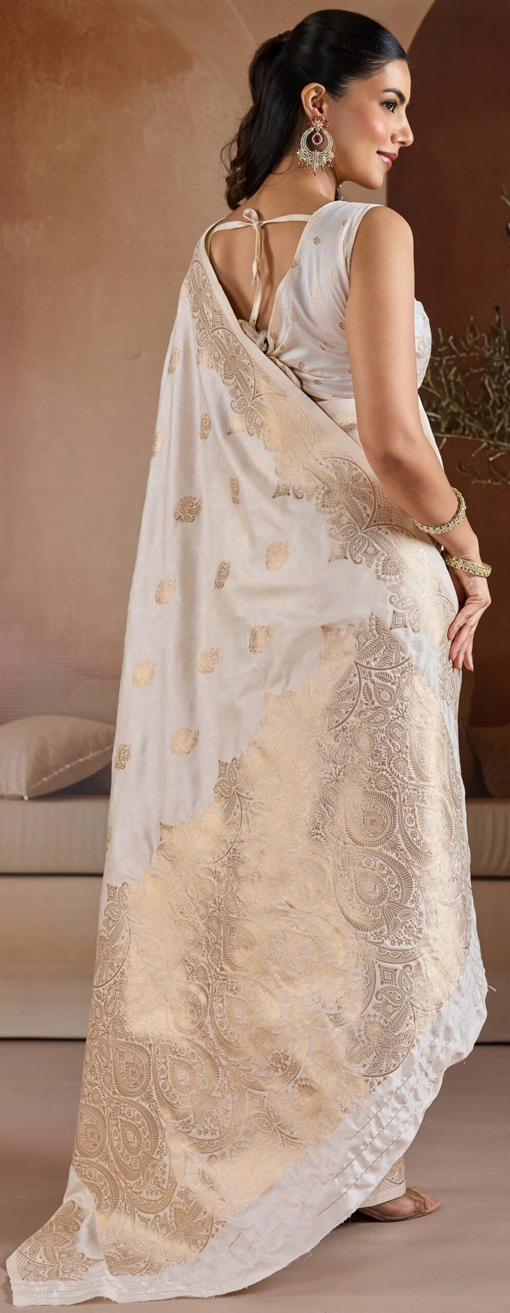 Party Wear Designer Off White Saree with Golden Border