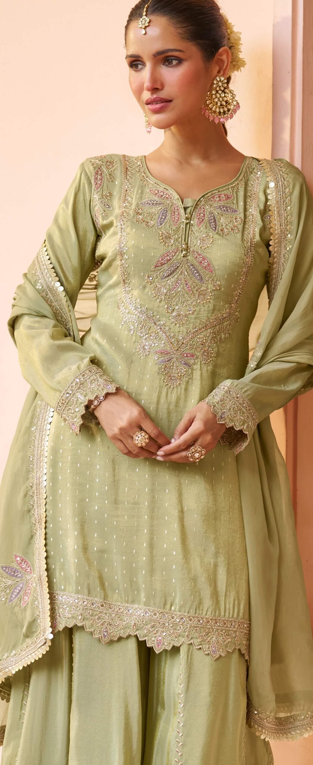 Pastel Kurta Set for Wedding Olive Green Kurta Set