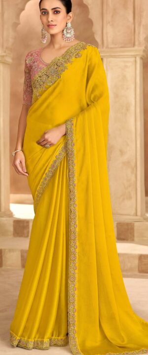 Yellow Chiffon Saree for Wedding Party