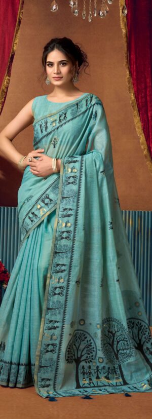 Breathable Premium Silk Modal Warli Sky Blue Saree