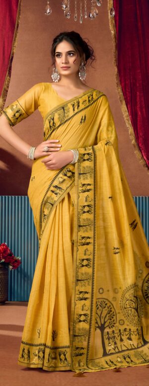 Breathable Premium Silk Modal Warli Yellow Saree