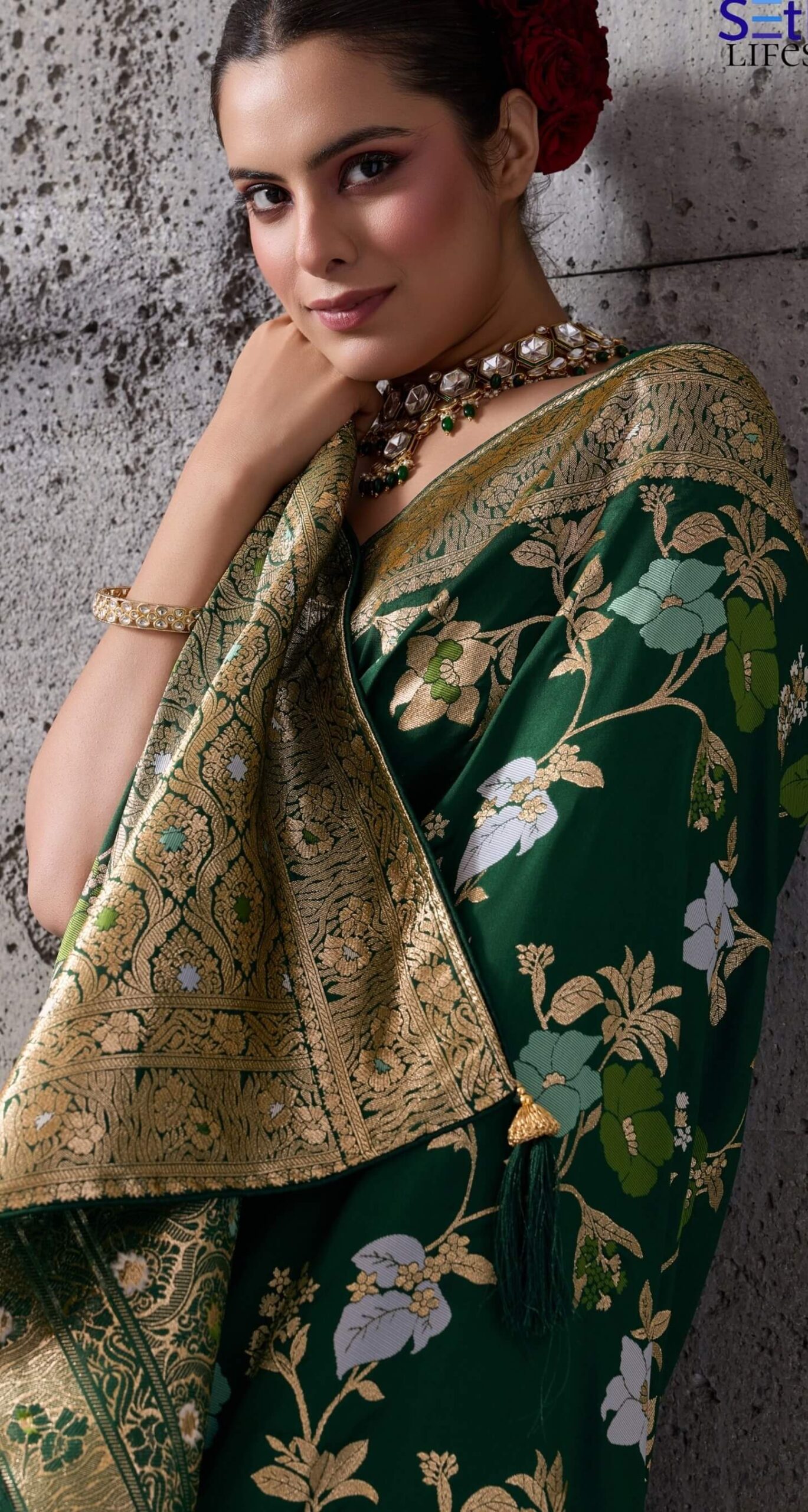 Green Banarasi Saree with Silver Zari
