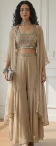 Indo Western Dress with Long Jacket for Party Wear Beige Color