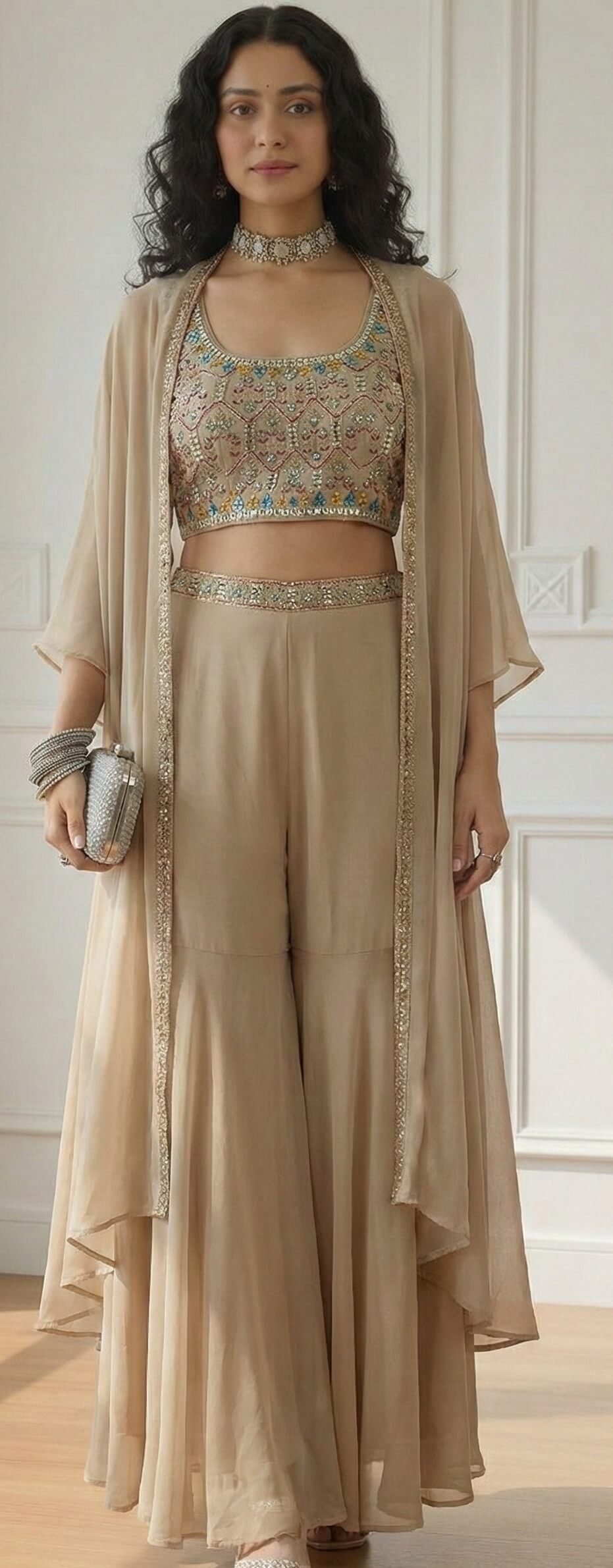 Indo Western Dress with Long Jacket for Party Wear Beige Color