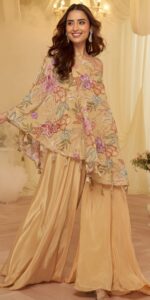 Indo Western Party Wear off Shoulder Top with Palazzo Beige Colour