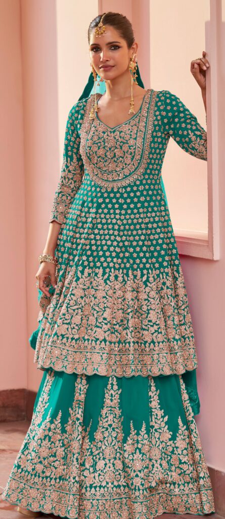 Kurta Lehenga Set for Wedding Green Heavy Frock Kurta Set
