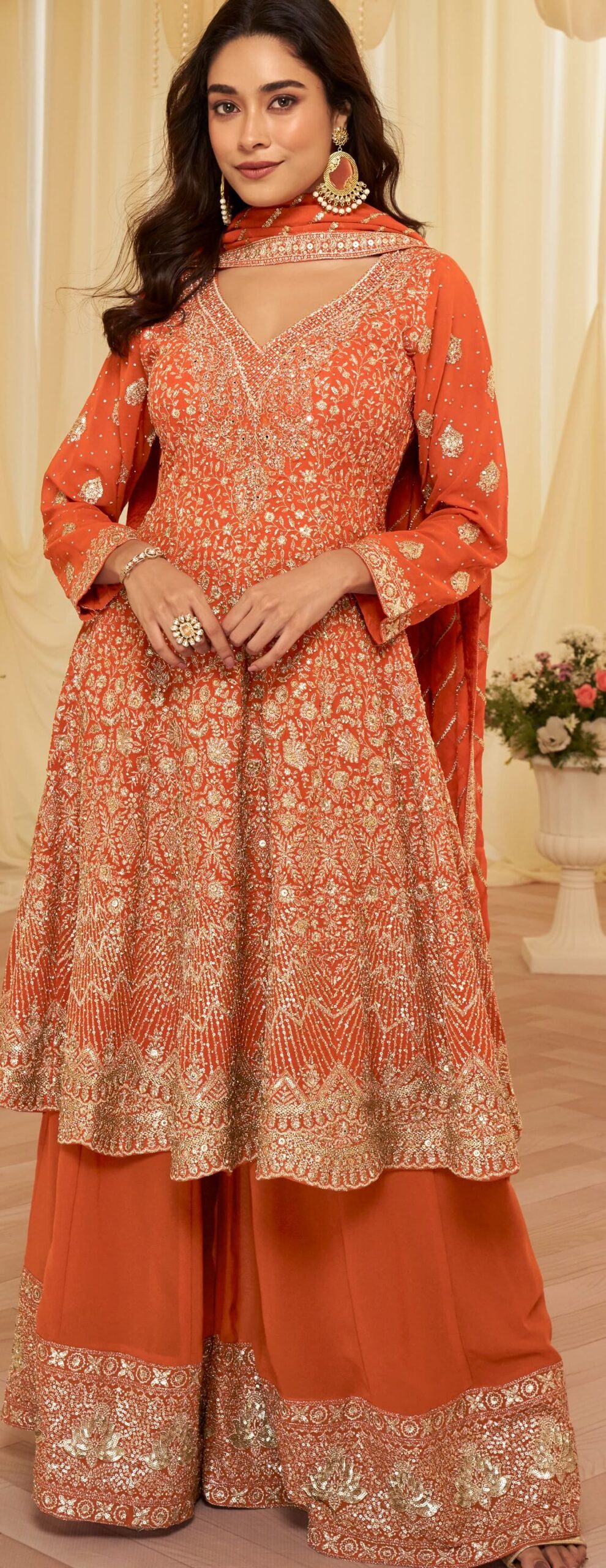 Rust Orange Sharara Set Long Frock Sharara