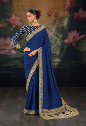Blue Saree with Golden Border New Bridal Saree