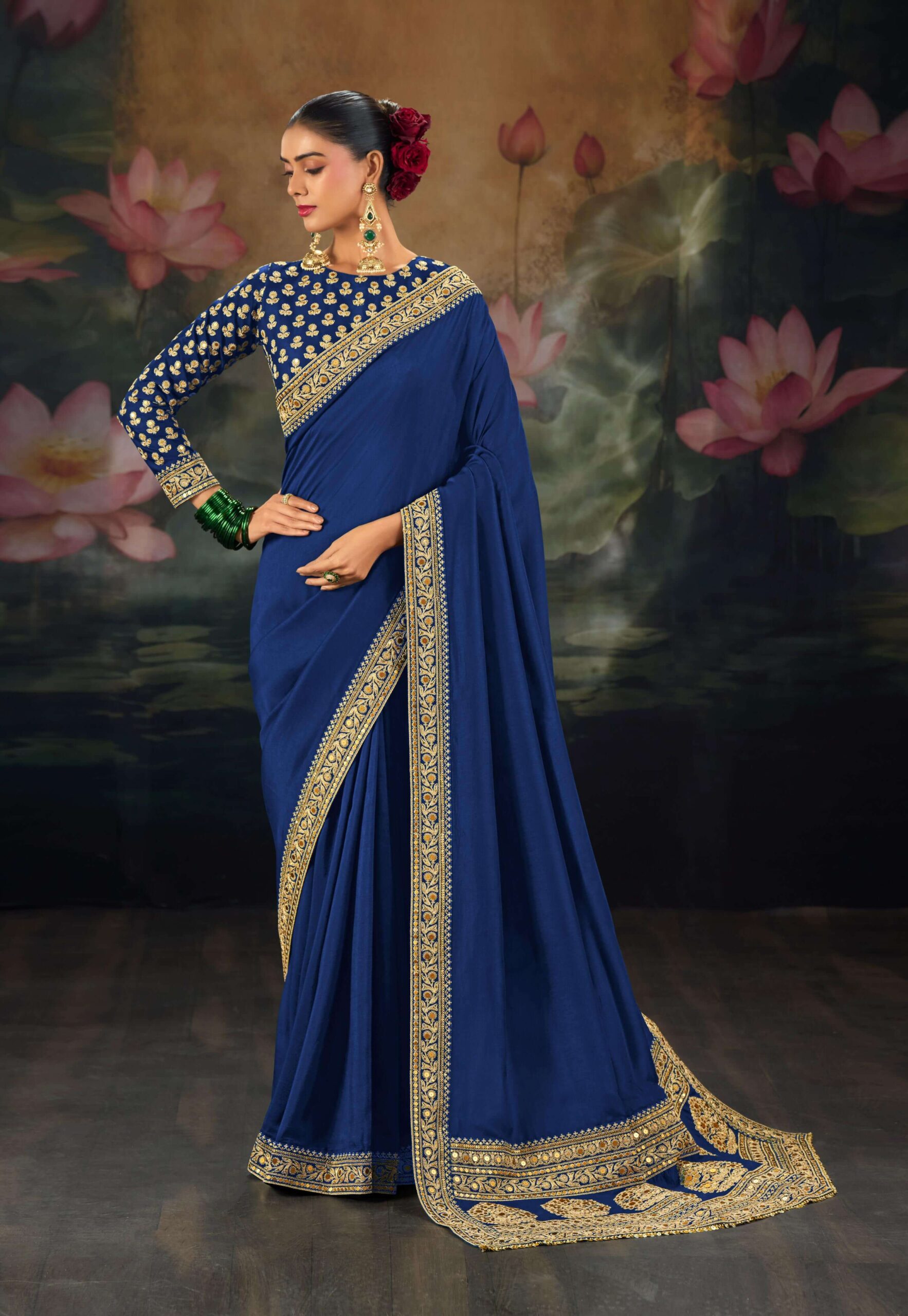 Blue Saree with Golden Border New Bridal Saree