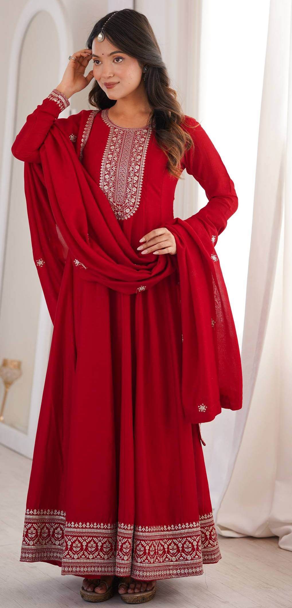 Red Anarkali Suit Party Wear in Canada