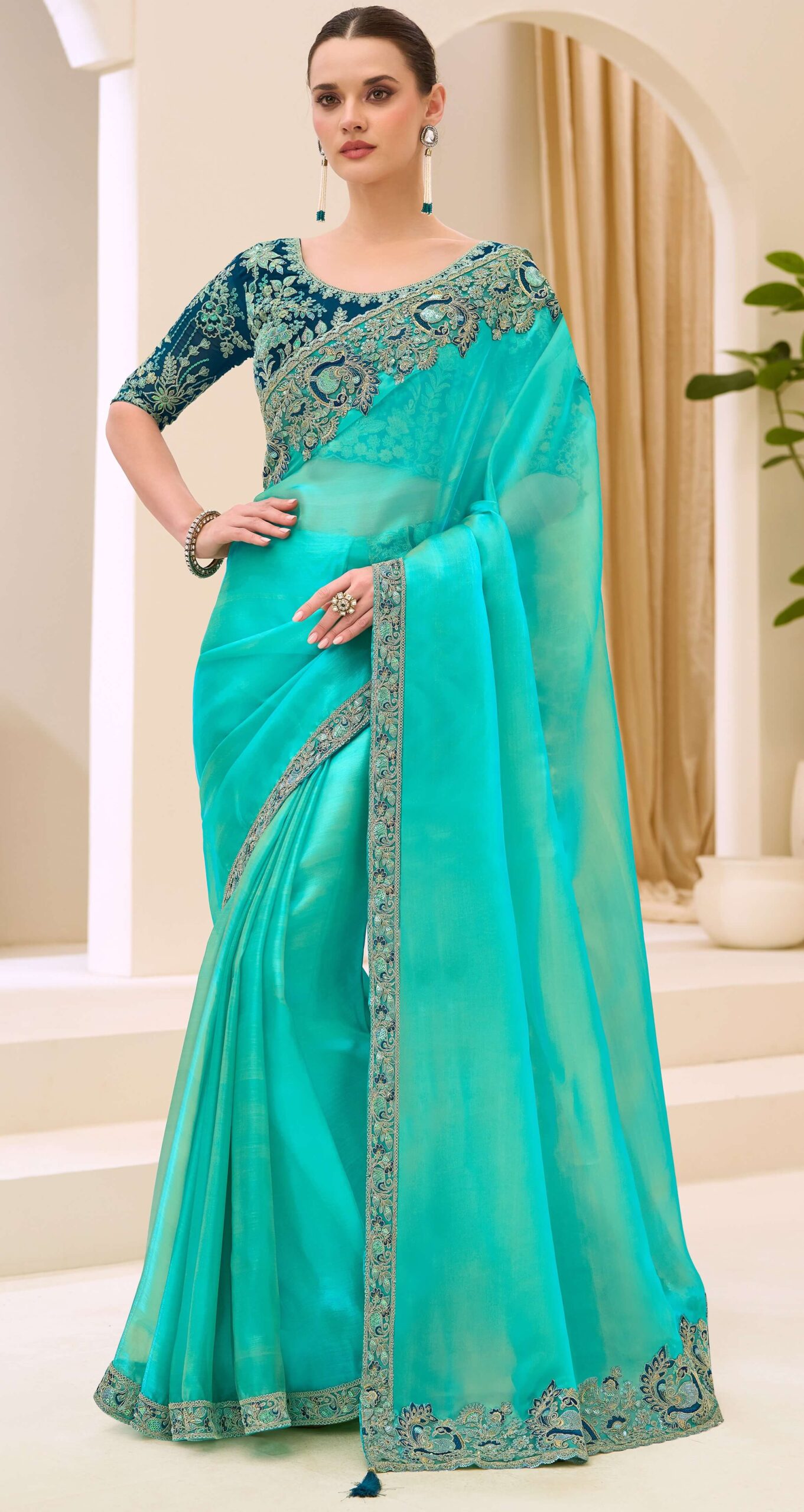 Sky Blue Party Wear Saree Contrast Blouse