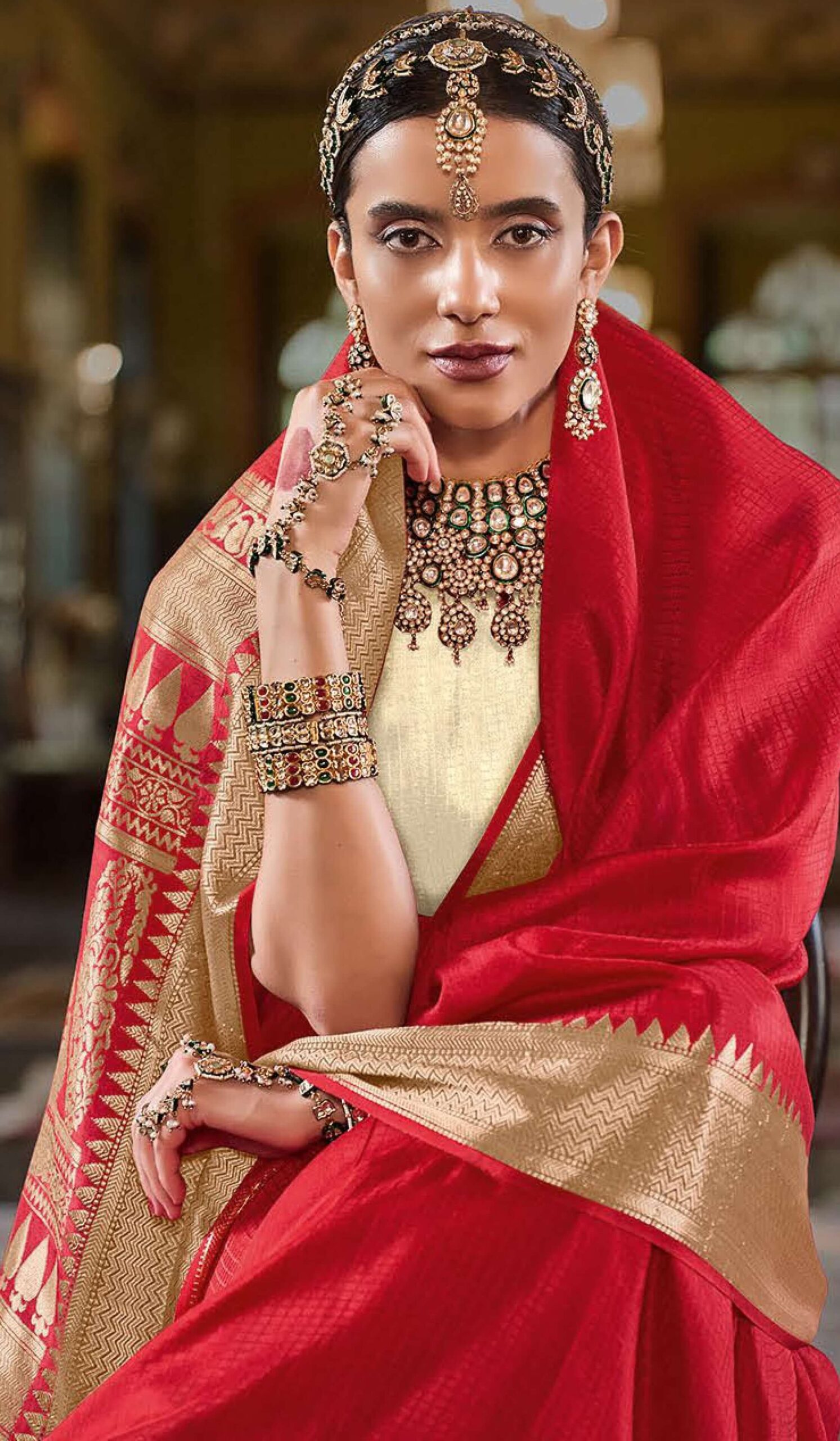 Wedding Silk Saree in Red Bridal Saree Contrast Blouse