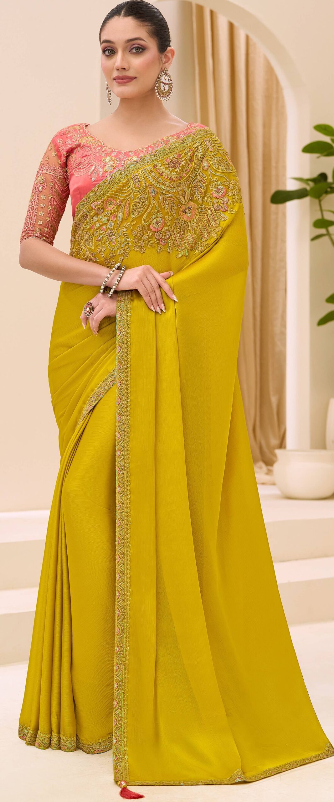 Yellow Saree with Pink Blouse for Haldi