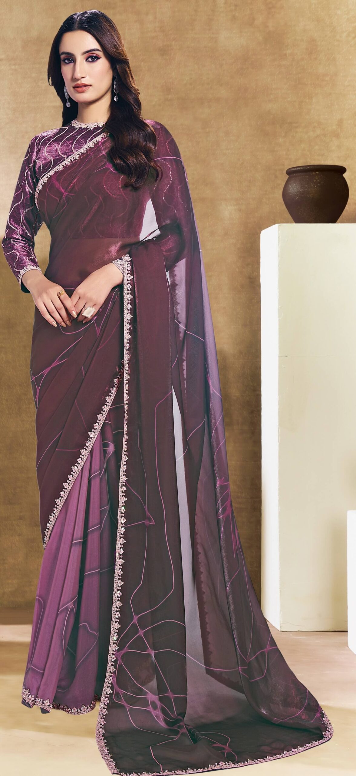 Latest Maroon Designer Saree For Bridal Reception Style