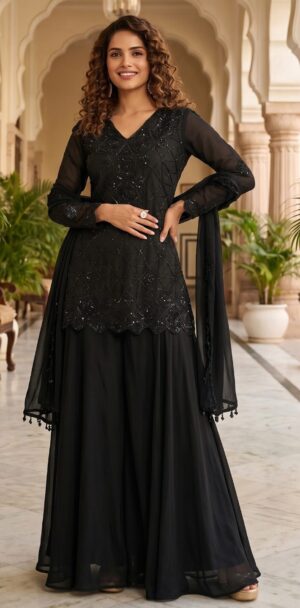 Punjabi Sharara Suits for Wedding in Black Colour Gharara Suit
