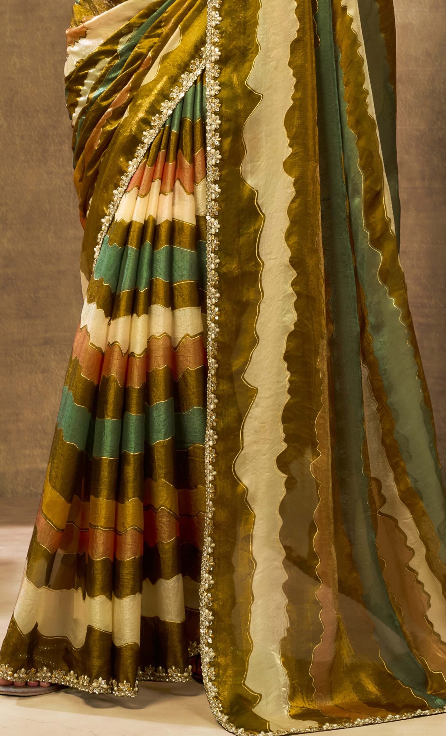 Trendy Olive Colour Saree And Designer Blouse Set For Reception