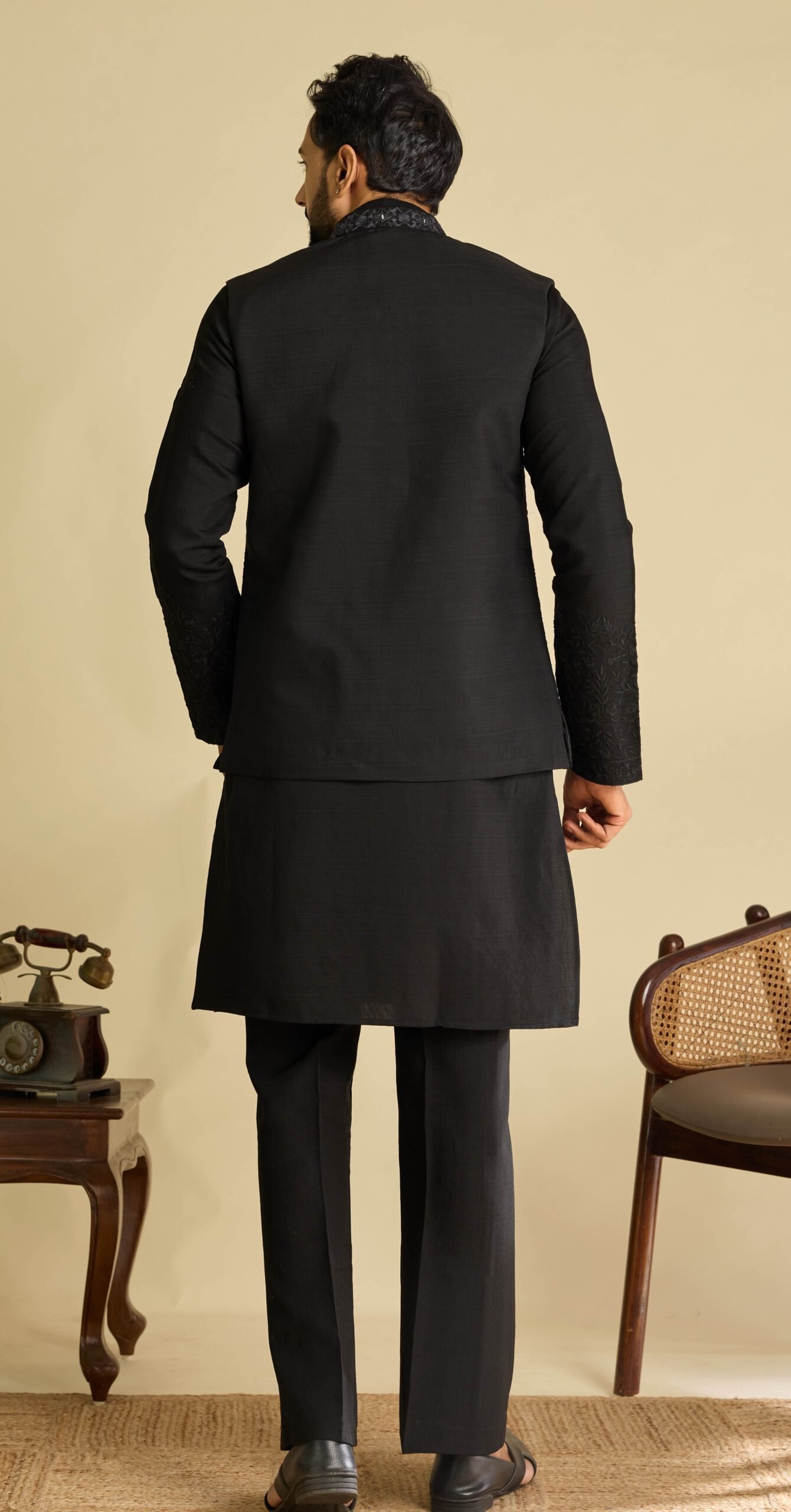 Black Designer Kurta Pajama Embroidery Back View