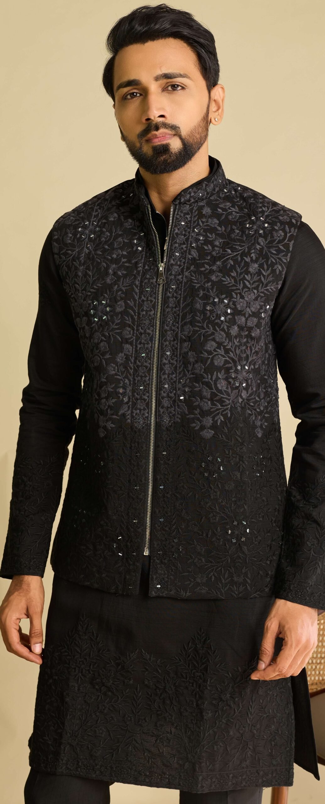 Black Designer Kurta Pajama Embroidery Close Up